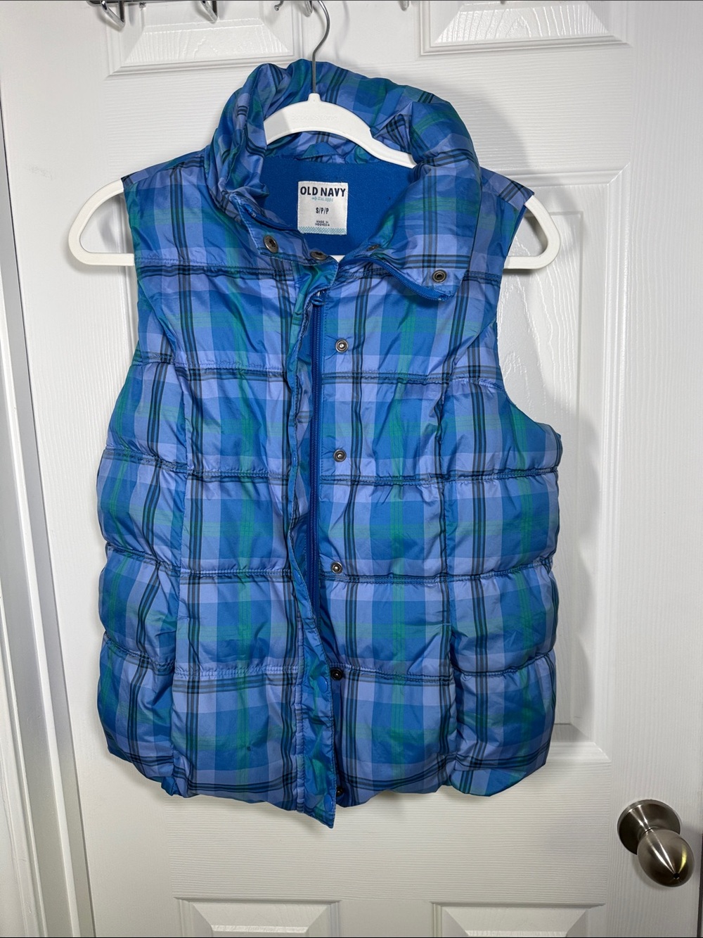 Old Navy Blue and Green Plaid Puffer Vest